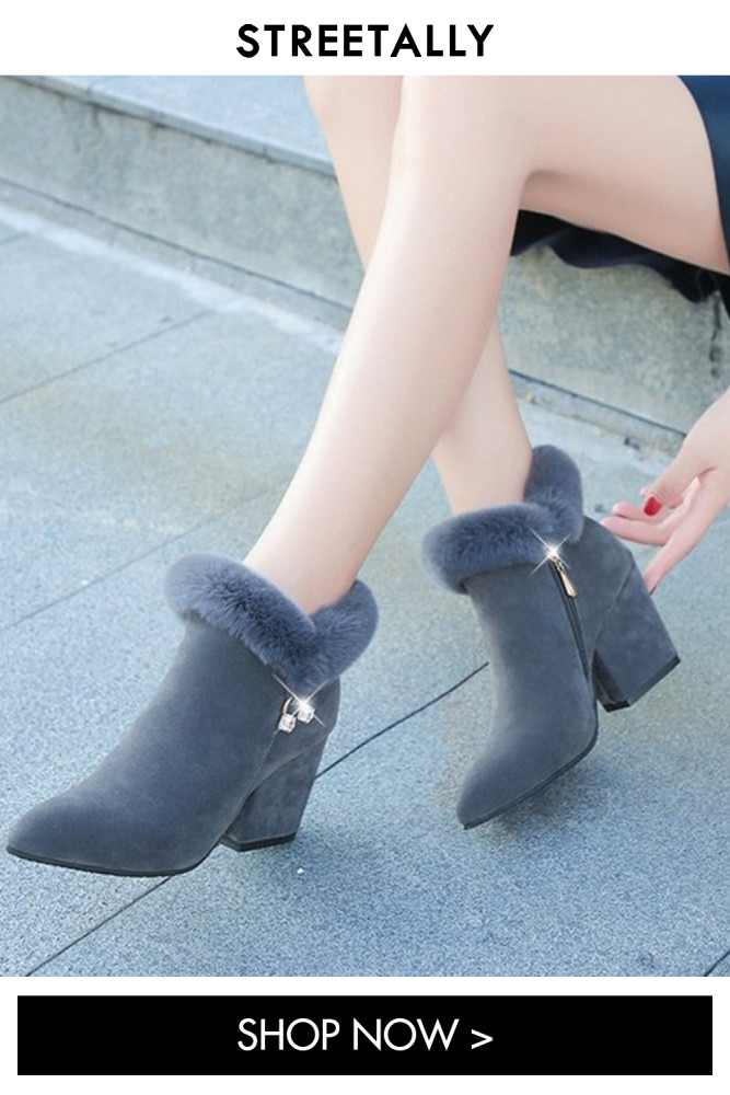 Solid Color Round Toe Chunky Heel Fleece Warm Women's Cotton Ankle Boots