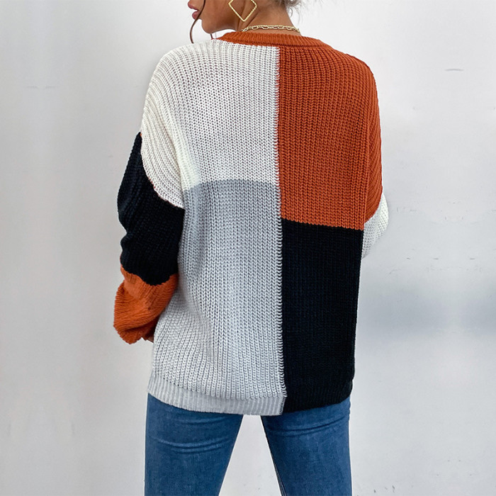 Color Block Sleek Long Sleeve Turtleneck Loose Sweaters & Cardigans