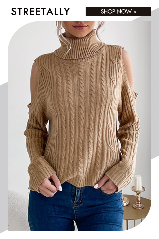 Solid Color Fashion High Neck Long Sleeve Hemp Pattern Off Shoulder Sweaters & Cardigans