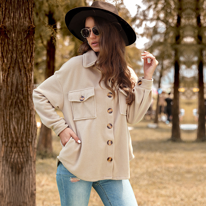 Solid Color Fashion Casual Long Sleeve Fleece Lapel Single Breasted Coats