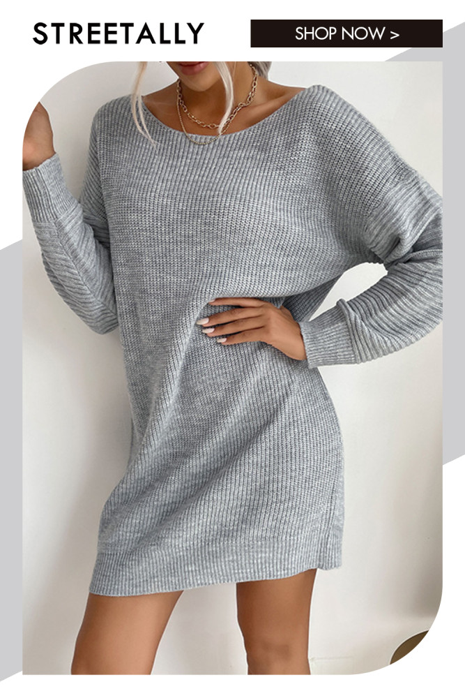 Solid Fashion Loose Grey Long Sleeve Crew Neck Sweater Dresses