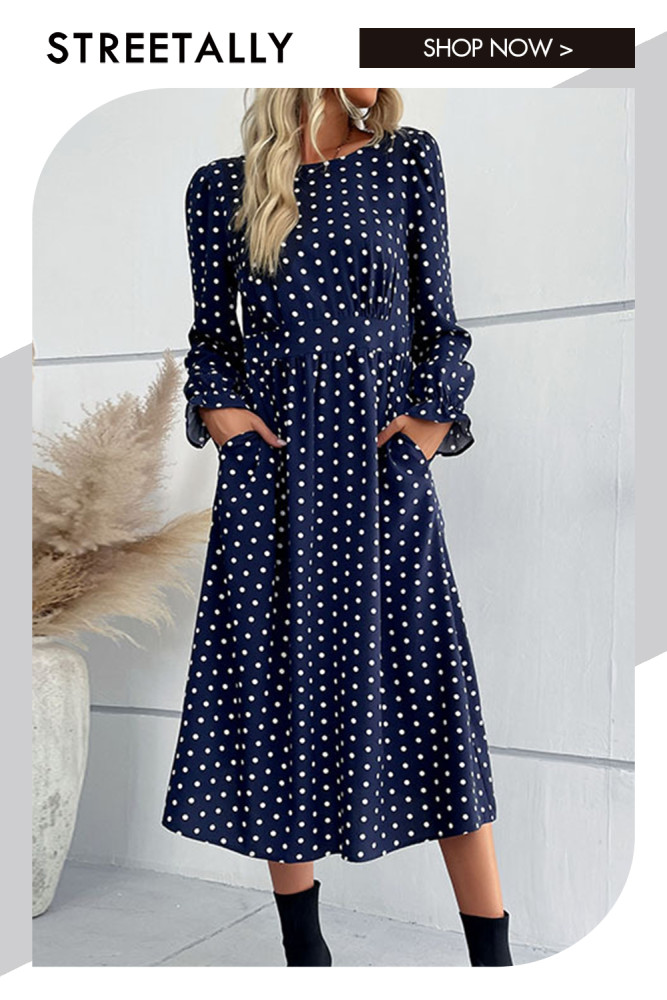 Elegant Long Sleeve Blue Polka Dot Tie Fashion Midi Dresses
