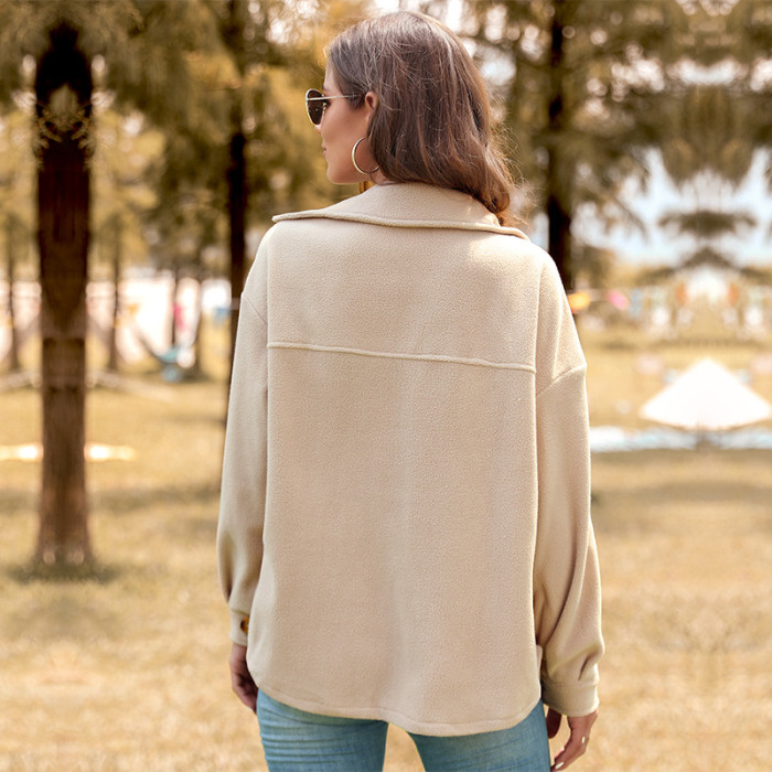 Solid Color Fashion Casual Long Sleeve Fleece Lapel Single Breasted Coats