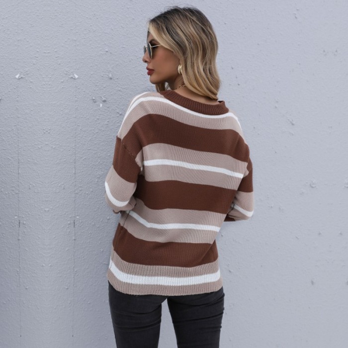 Elegant Colorblock Fashion Casual Loose Long Sleeve Striped Sweaters & Cardigans
