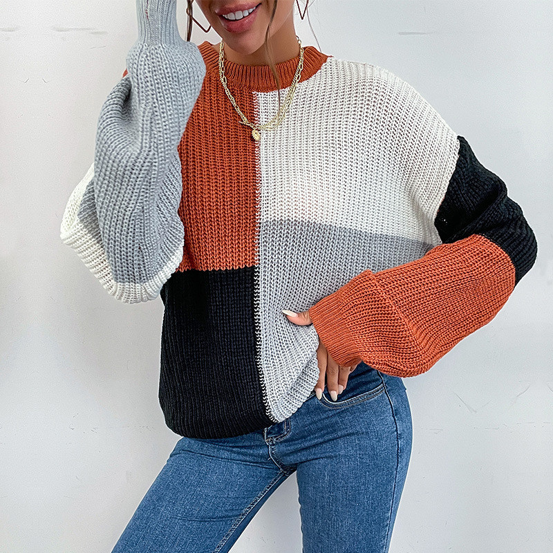 Color Block Sleek Long Sleeve Turtleneck Loose Sweaters & Cardigans