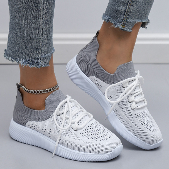 Plus Size Flyknit Casual Lace Up Round Toe Colorblock Flat Sneakers