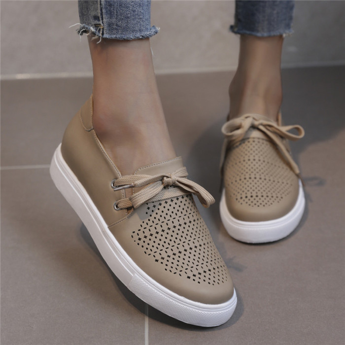 Solid Color Large Size Round Toe Tie Cutout Casual Low Top Flat & Loafers