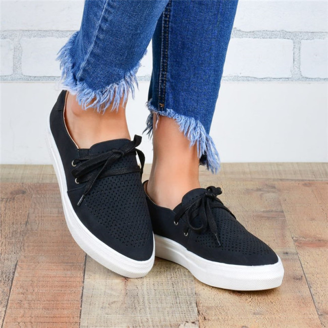 Solid Color Large Size Round Toe Tie Cutout Casual Low Top Flat & Loafers