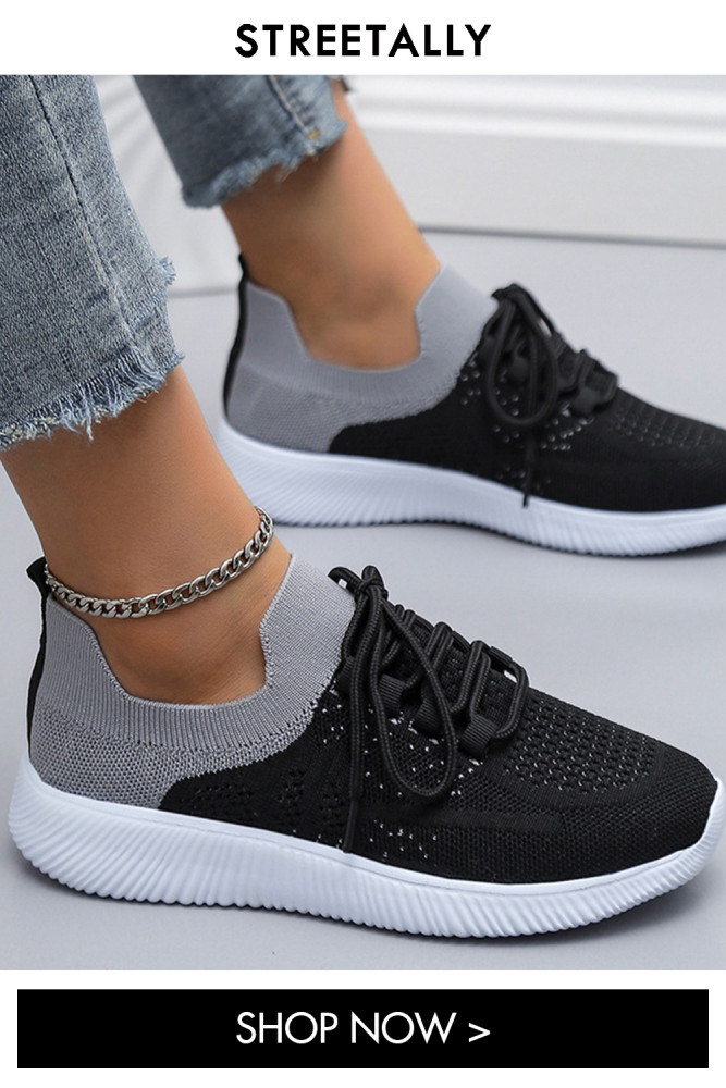 Plus Size Flyknit Casual Lace Up Round Toe Colorblock Flat Sneakers