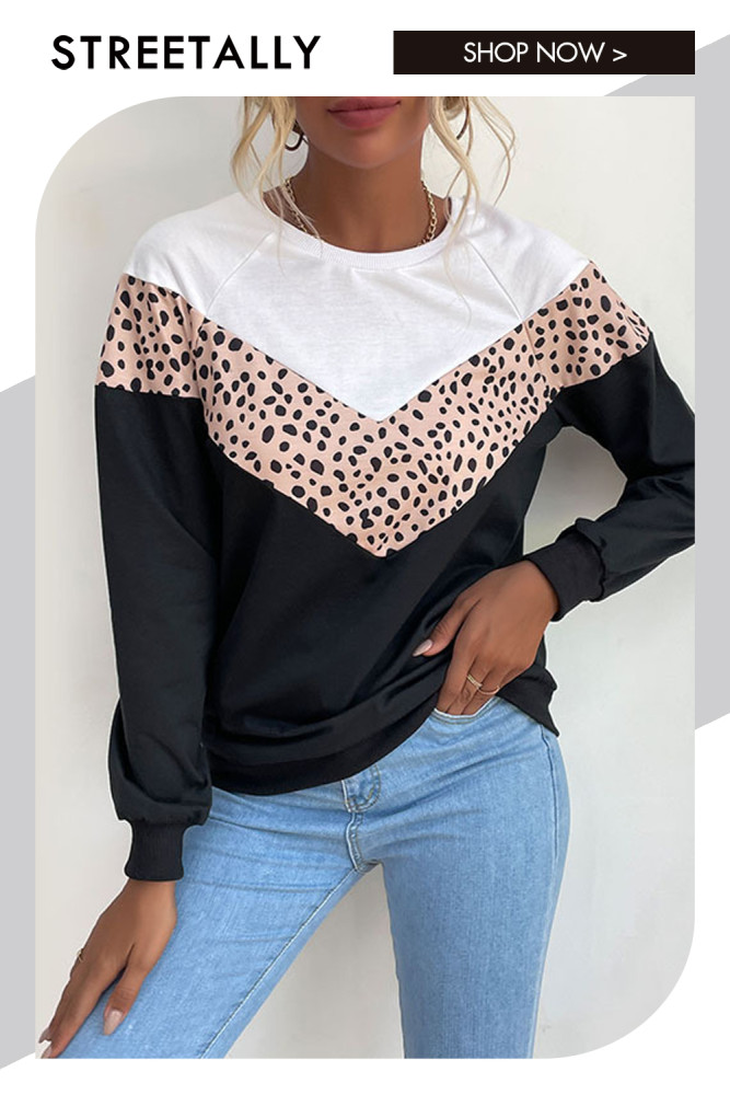 Stylish Colorblock Leopard Print Long Sleeve Crew Neck Hoodies & Sweatshirts