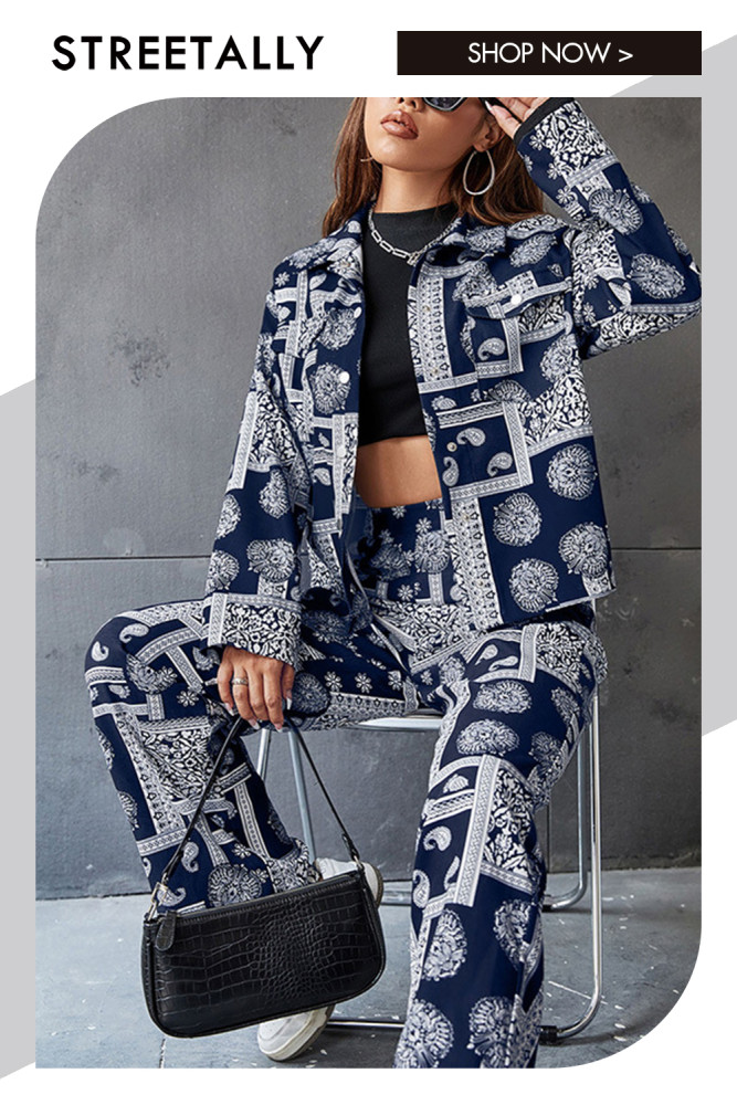 Fashion Print Lapel Single Breasted Jacket Wide Leg Trousers Two-piece Outfits