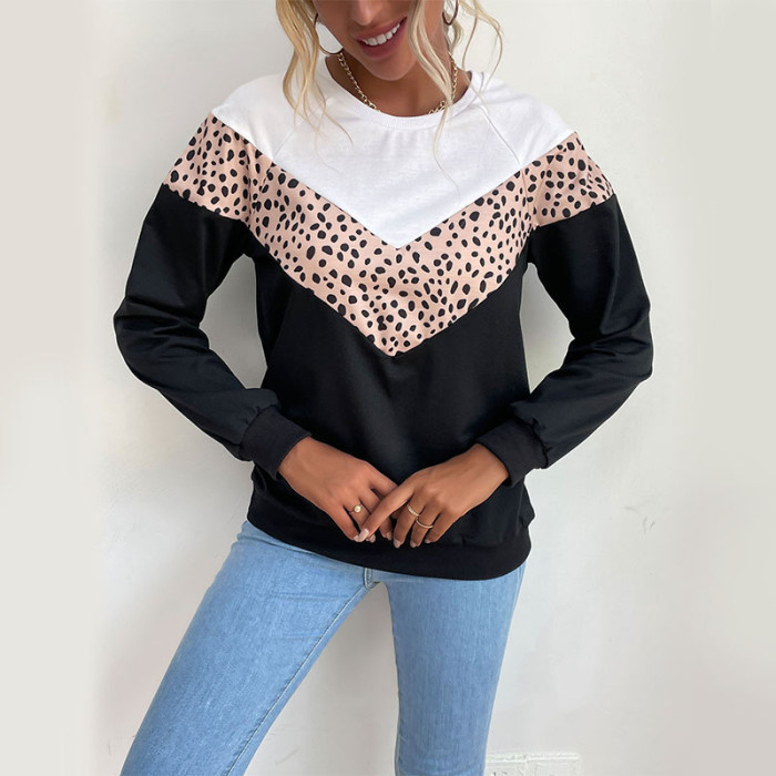 Stylish Colorblock Leopard Print Long Sleeve Crew Neck Hoodies & Sweatshirts
