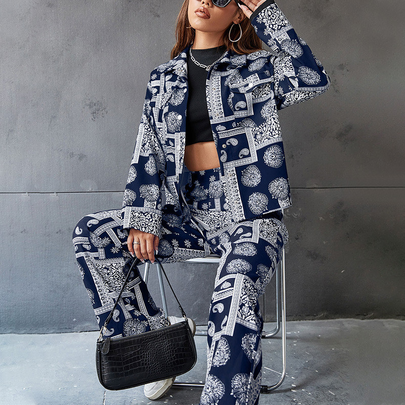 Fashion Print Lapel Single Breasted Jacket Wide Leg Trousers Two-piece Outfits