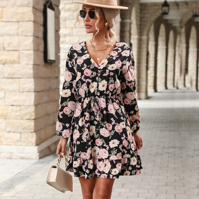 Elegant Fashion V-Neck Long Sleeve Print Mini Dresses