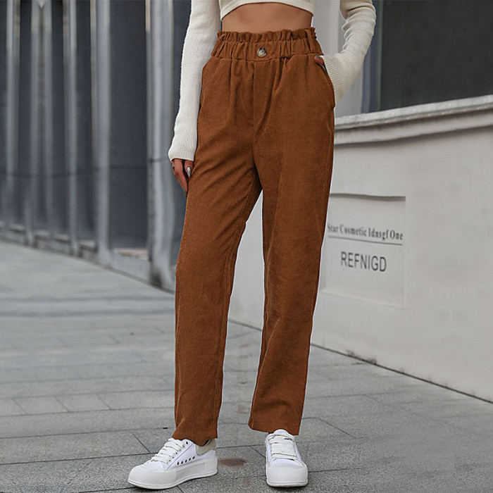 Fashion Casual Solid Color Corduroy Elastic Waist Pants