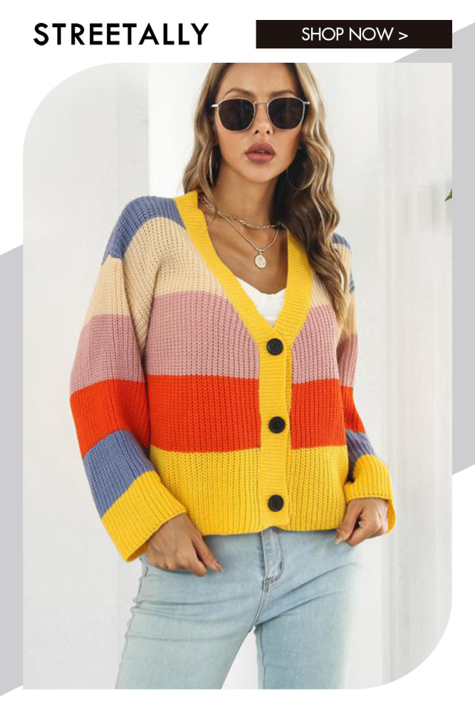 Colorblock Rainbow Loose Cropped Stripe Sweaters & Cardigans