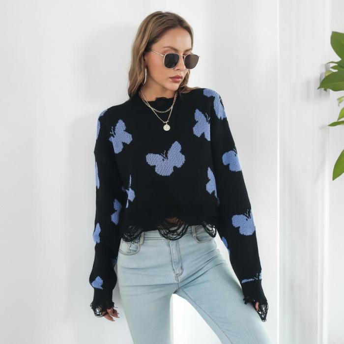 Shredded Butterfly Jacquard Long Sleeve Cropped Crew Neck Sweaters & Cardigans