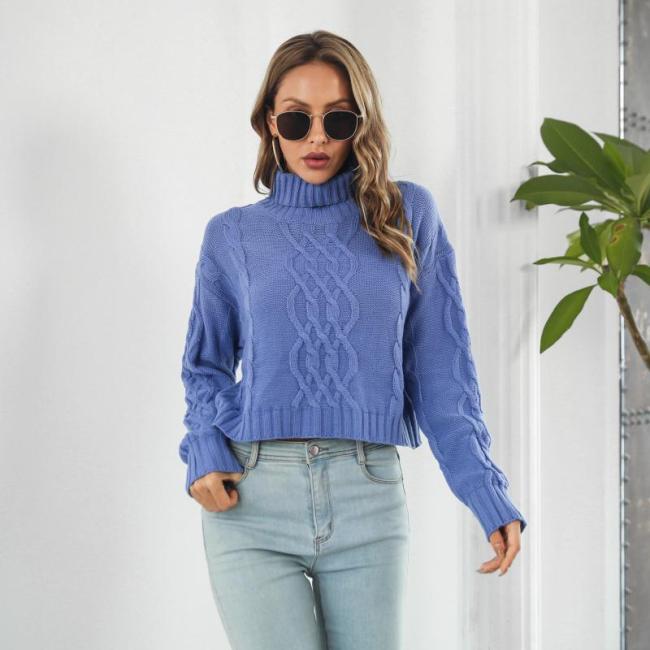 Linen Turtleneck Long Sleeve Cropped Sweaters & Cardigans