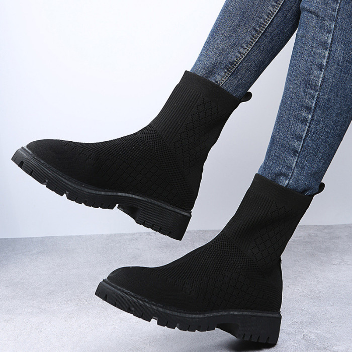 Fashion Thick Bottom Large Stretch Solid Color Mid Tube Boots