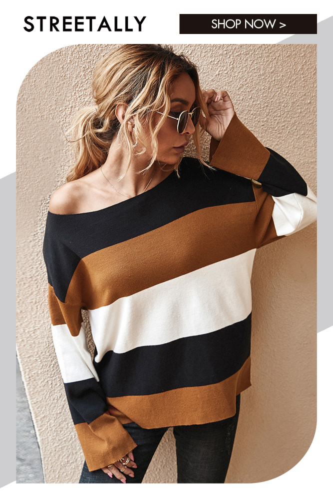Casual Contrast Striped Loose Crew Neck Sweaters & Cardigans