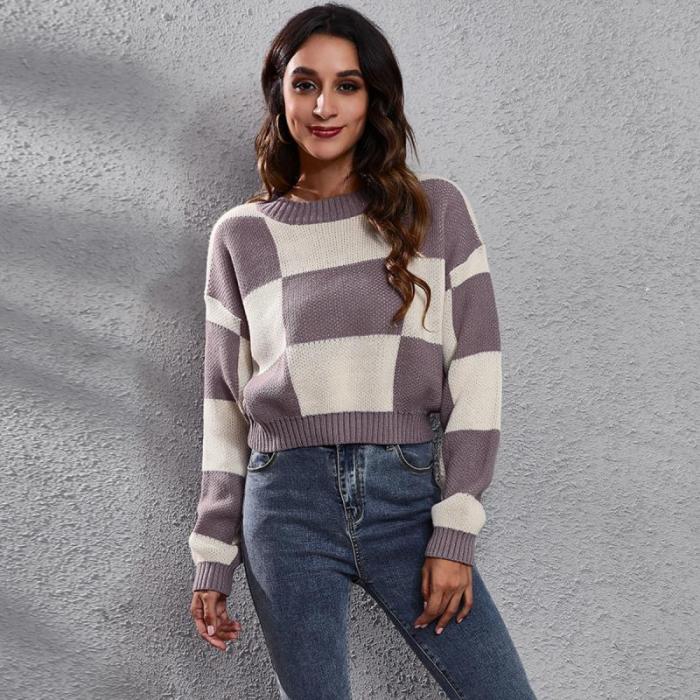 Check Cropped Loose Jacquard Crew Neck Sweaters & Cardigans