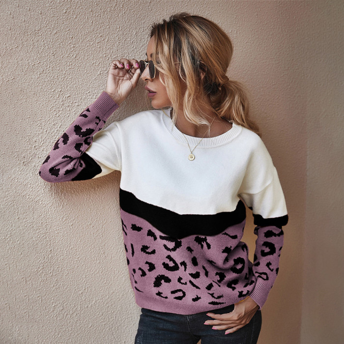 Trendy Leopard Print Crew Neck Long Sleeve Casual Sweaters & Cardigans