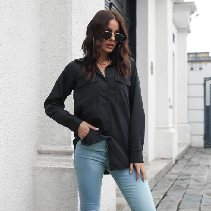 Solid Pocket-Breasted Bottoming Top Blouses & Shirts