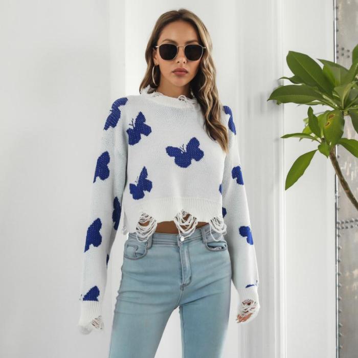 Shredded Butterfly Jacquard Long Sleeve Cropped Crew Neck Sweaters & Cardigans