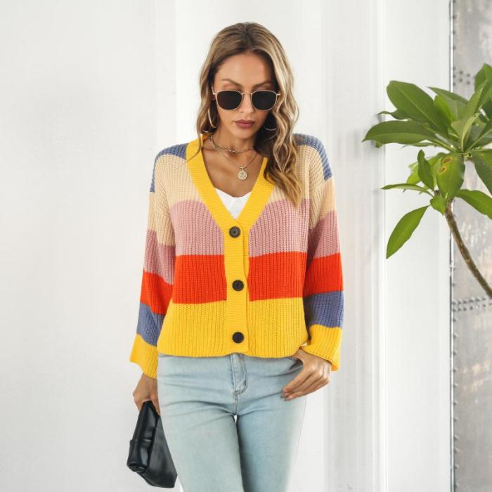 Colorblock Rainbow Loose Cropped Stripe Sweaters & Cardigans