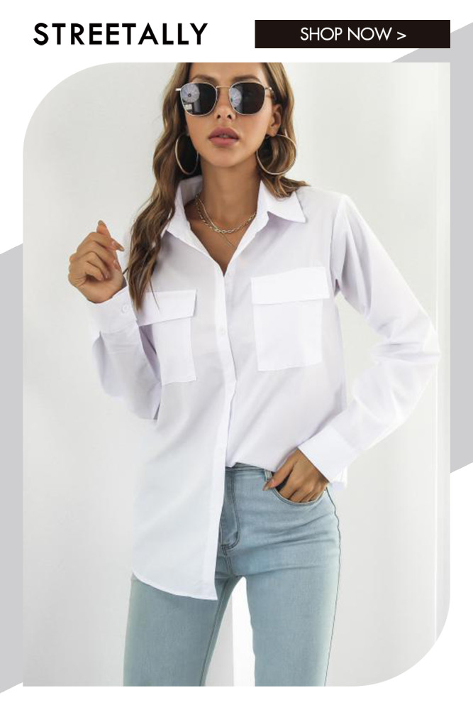 Mid Length Loose Pocket Long Sleeve Lapel Blouses & Shirts
