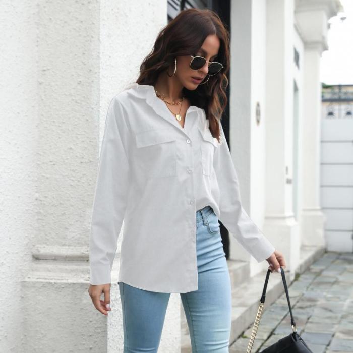 Solid Pocket-Breasted Bottoming Top Blouses & Shirts