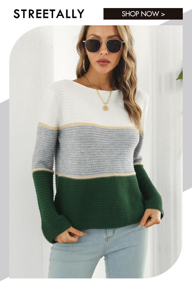 Contrast Ombre Stripe Sleeve Neck Colorblock Long Sleeves Sweaters & Cardigans