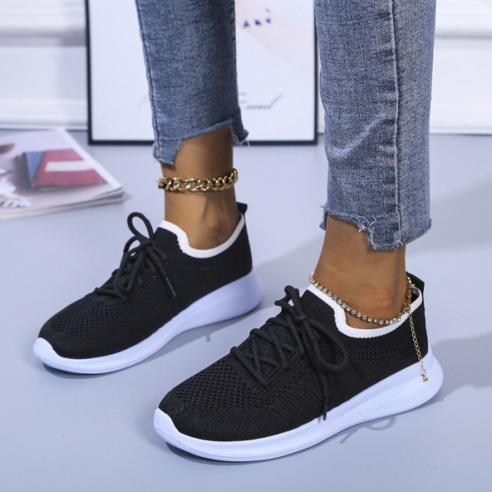 Plus Size Solid Color Lightweight Casual Flat Tie Sneakers