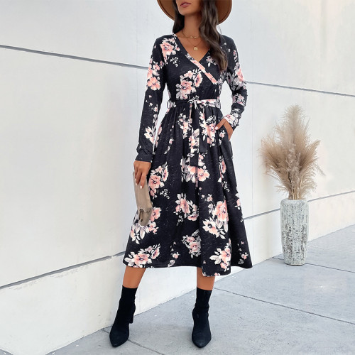 Trendy V-Neck Long Sleeves Print Tie Midi Dresses