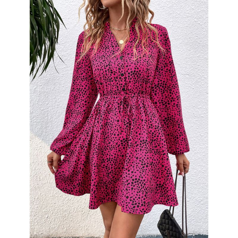 V-Neck Slim Print Long Sleeves Elegant Mini Dresses