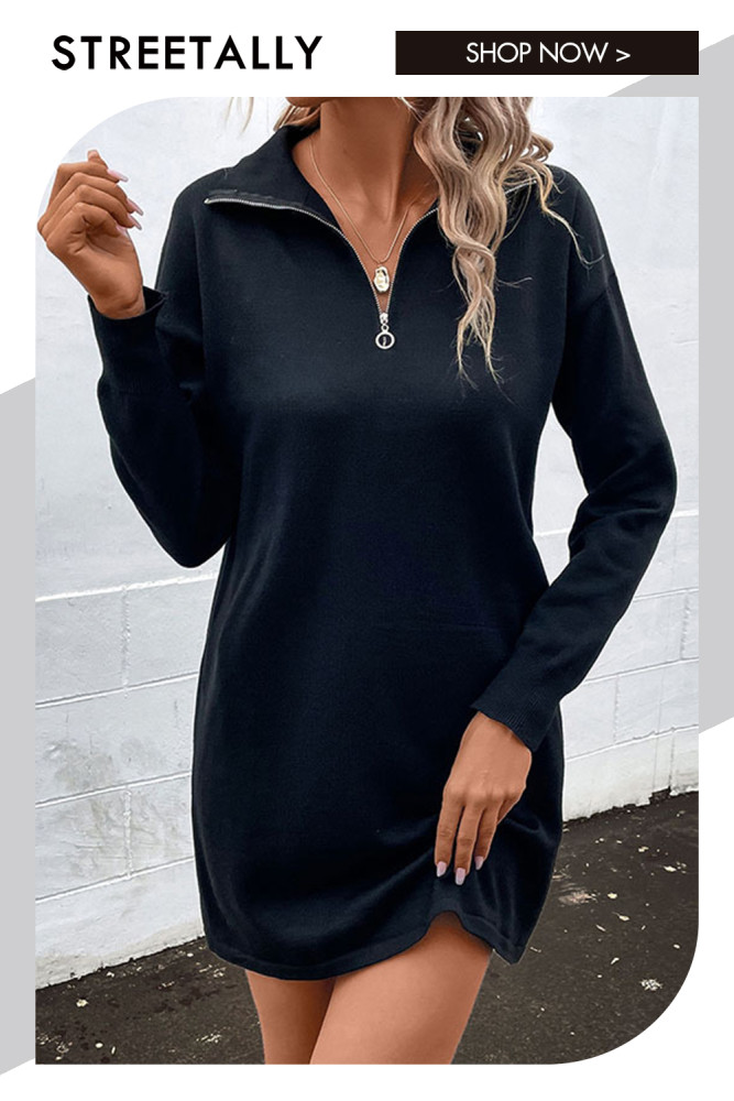 Fashion Long Sleeve Solid Color Lapel Zip Casual Mini Dresses