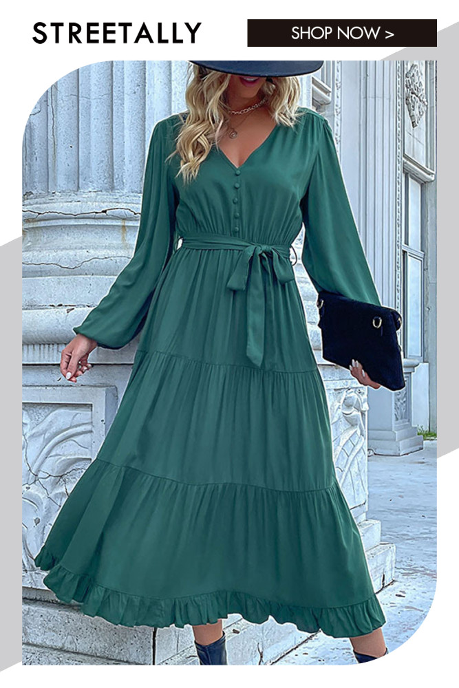 Solid Color Fashion Long Sleeve Pleated V Neck Tie Midi Dresses