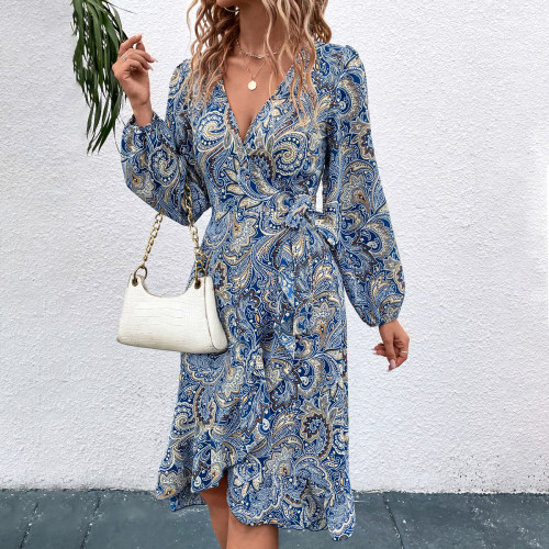 V-Neck Slim Fit Printed Long Sleeve Midi Dresses