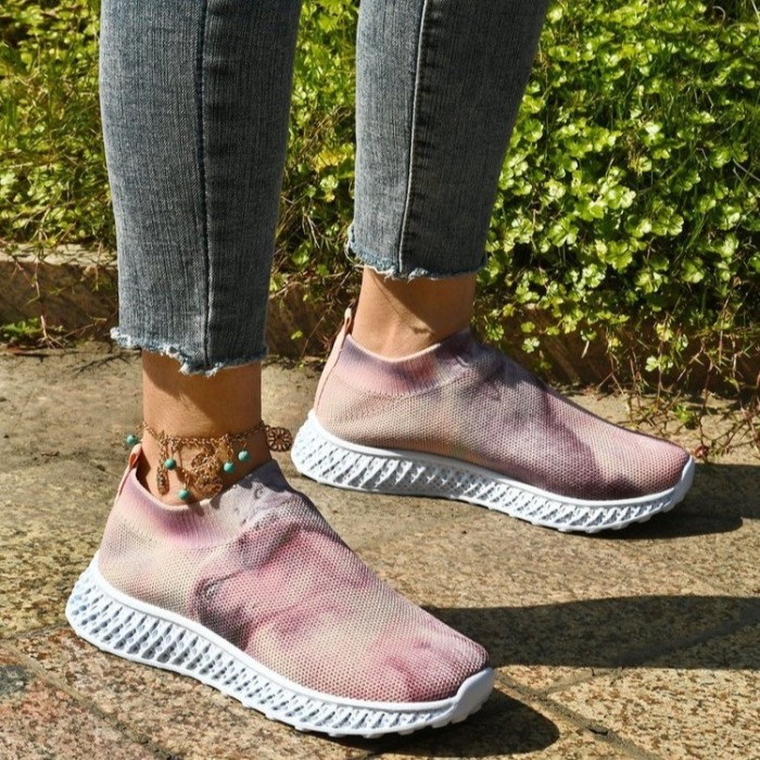 Plus Size Flyknit Casual Round Toe Flat Tie Dye Sneakers