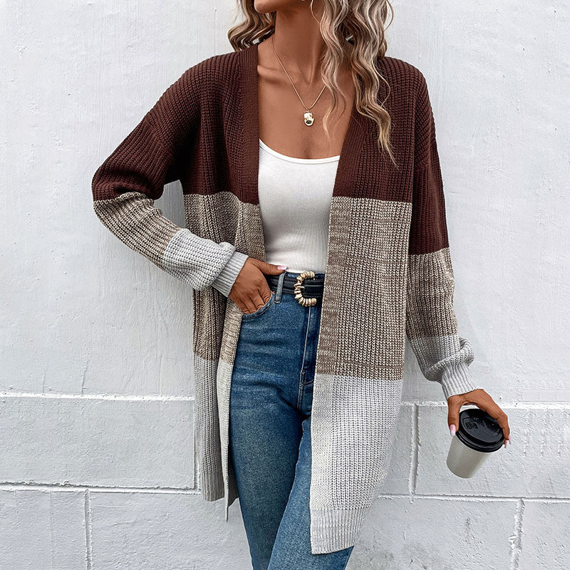 Trendy Long Sleeve Contrast Long Sweaters & Cardigans