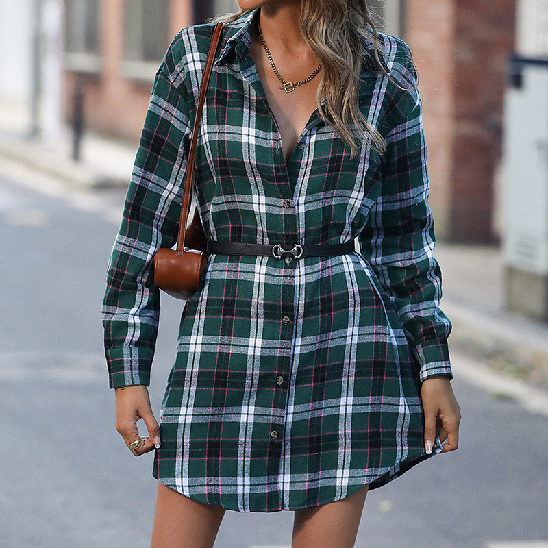 Plus Size Plaid Shirt Lapel Casual Mini Dresses