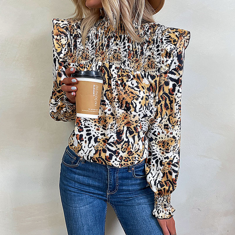 Elegant Fashion Long Sleeve Leopard Print Half Turtleneck Blouses & Shirts