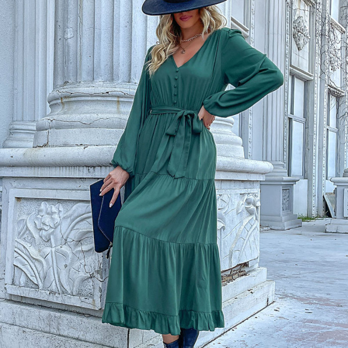 Solid Color Fashion Long Sleeve Pleated V Neck Tie Midi Dresses
