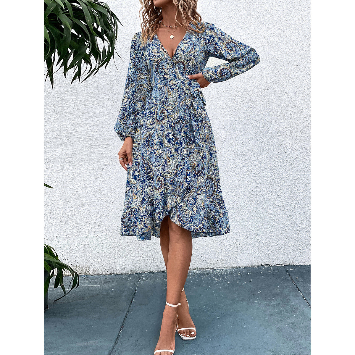 Long Sleeve V Neck Slim Fit Dress