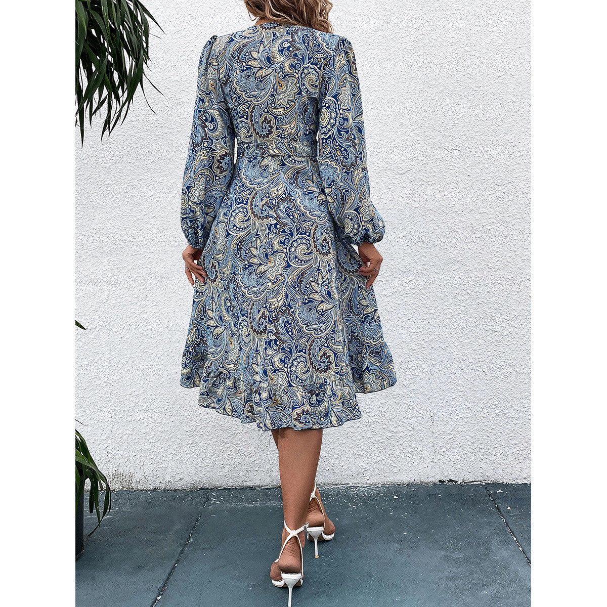 Perfee Printed V-Neck Long Sleeve Midi Dress main image 1