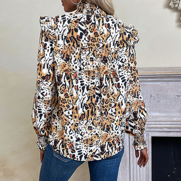 Elegant Fashion Long Sleeve Leopard Print Half Turtleneck Blouses & Shirts