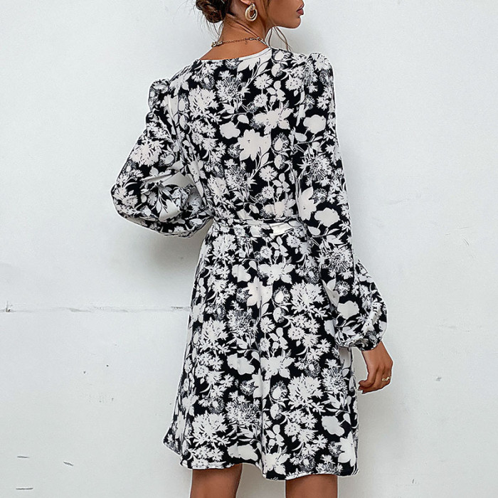 Elegant V-Neck Long Sleeve Print Mini Dresses