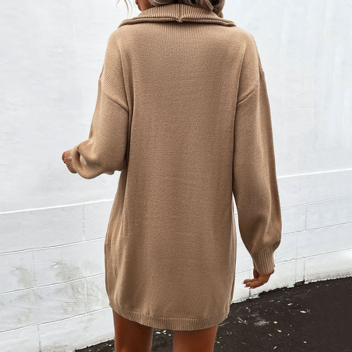 Solid Color Long Sleeve Lapel Outerwear Fashion Sweater Dresses