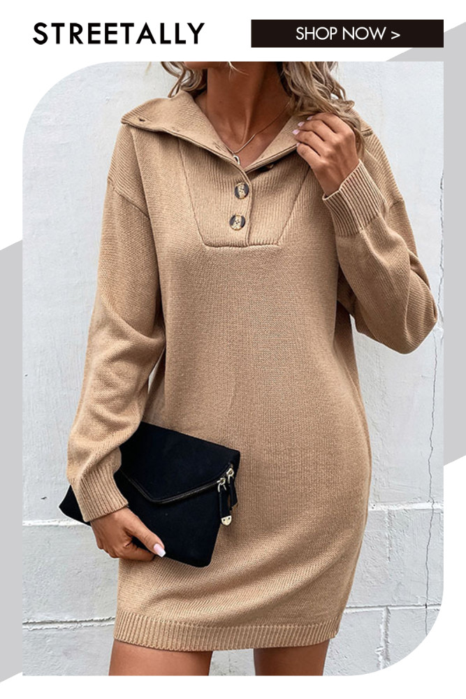 Solid Color Long Sleeve Lapel Outerwear Fashion Sweater Dresses