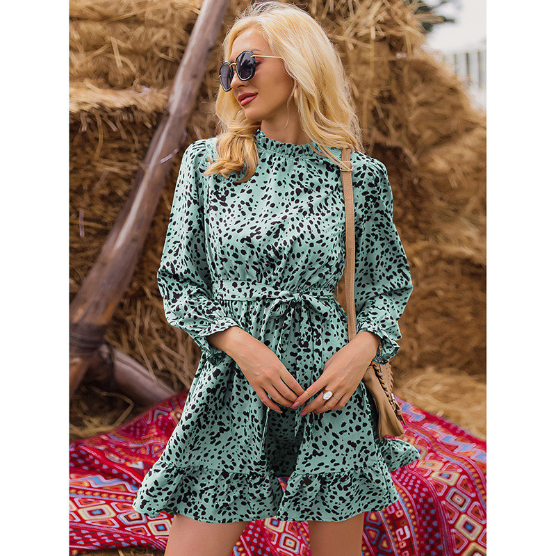 Elegant Crew Neck Long Sleeve Belt Ruffle Mini Dresses